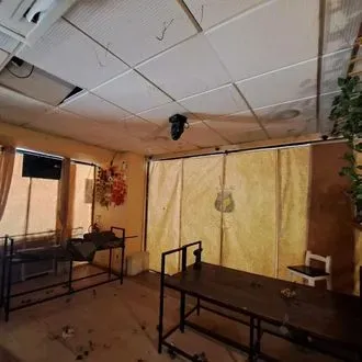 Una habitación con una mesa y sillas y un ventilador de techo.