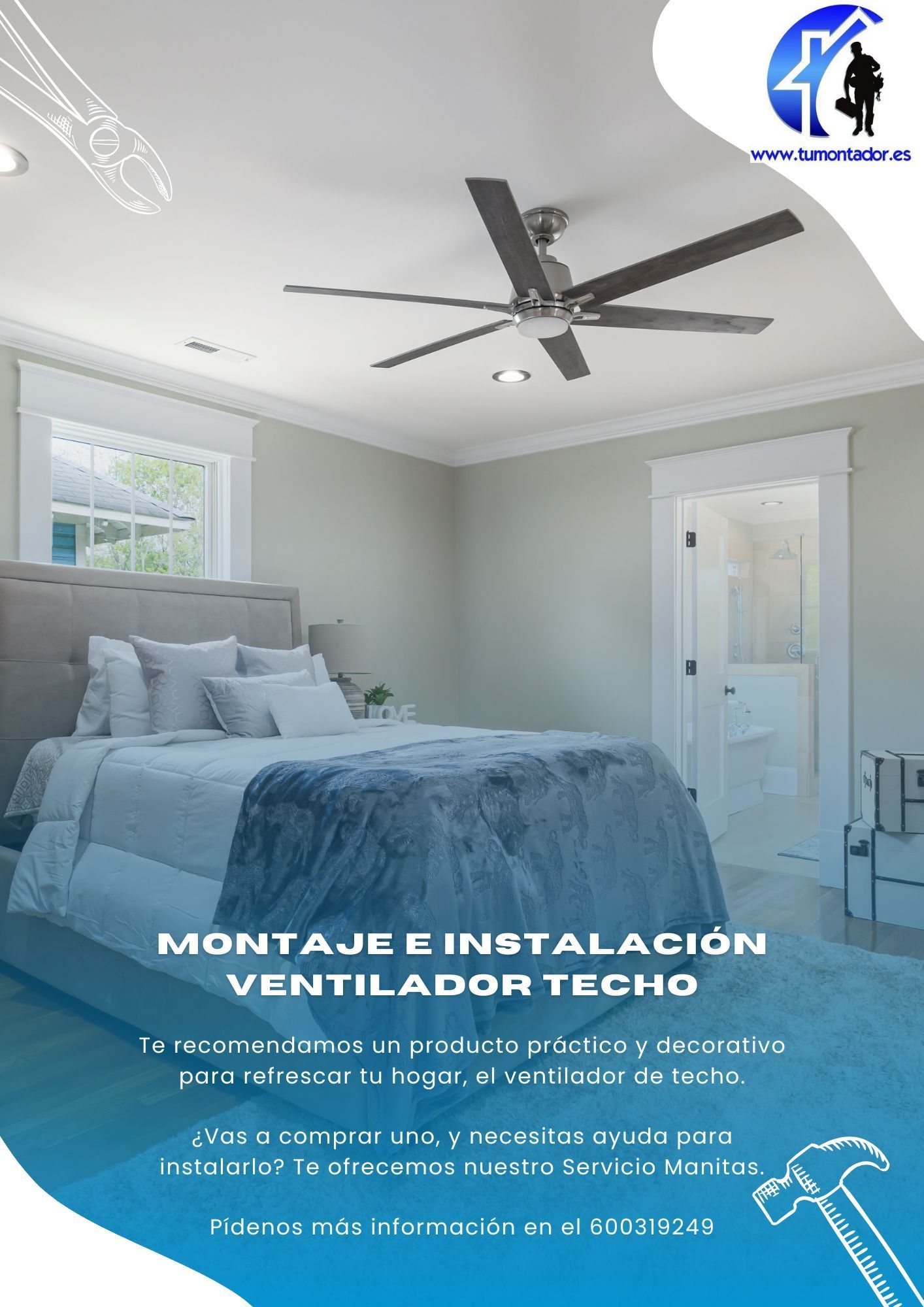 Un dormitorio con una cama y un ventilador de techo.