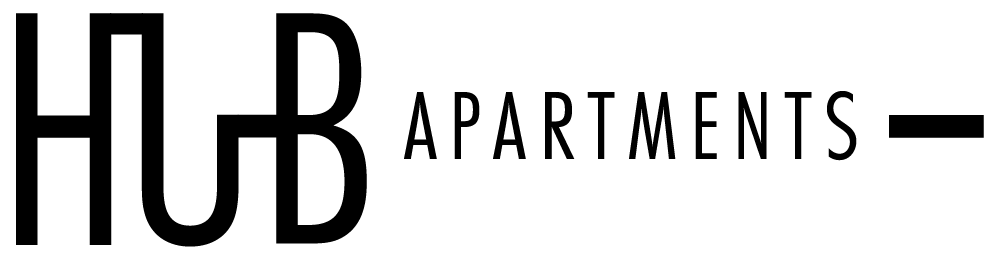 Ein schwarz-weißes Logo für Hub Apartments auf weißem Hintergrund.