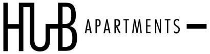Ein schwarz-weißes Logo für Hub Apartments auf weißem Hintergrund.