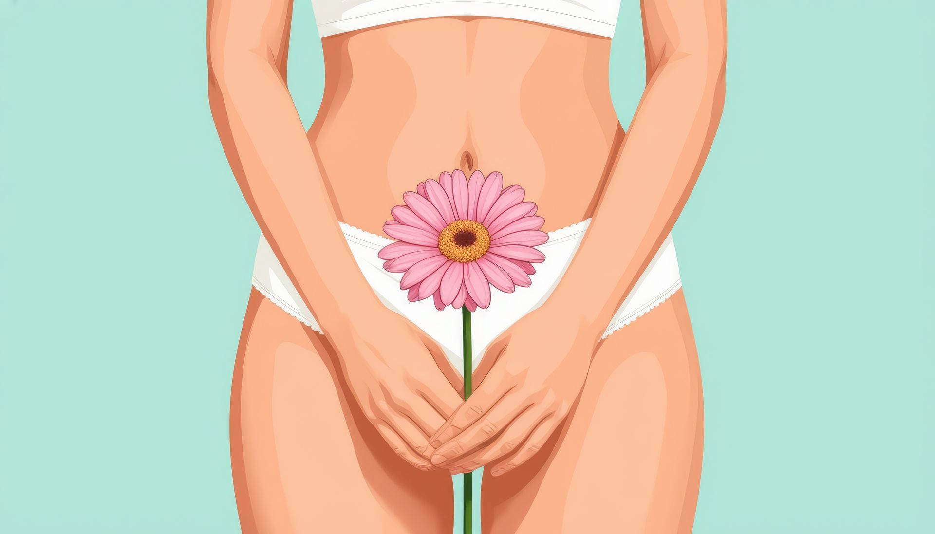 Femme en sous-vêtements blancs tenant une fleur rose devant elle.