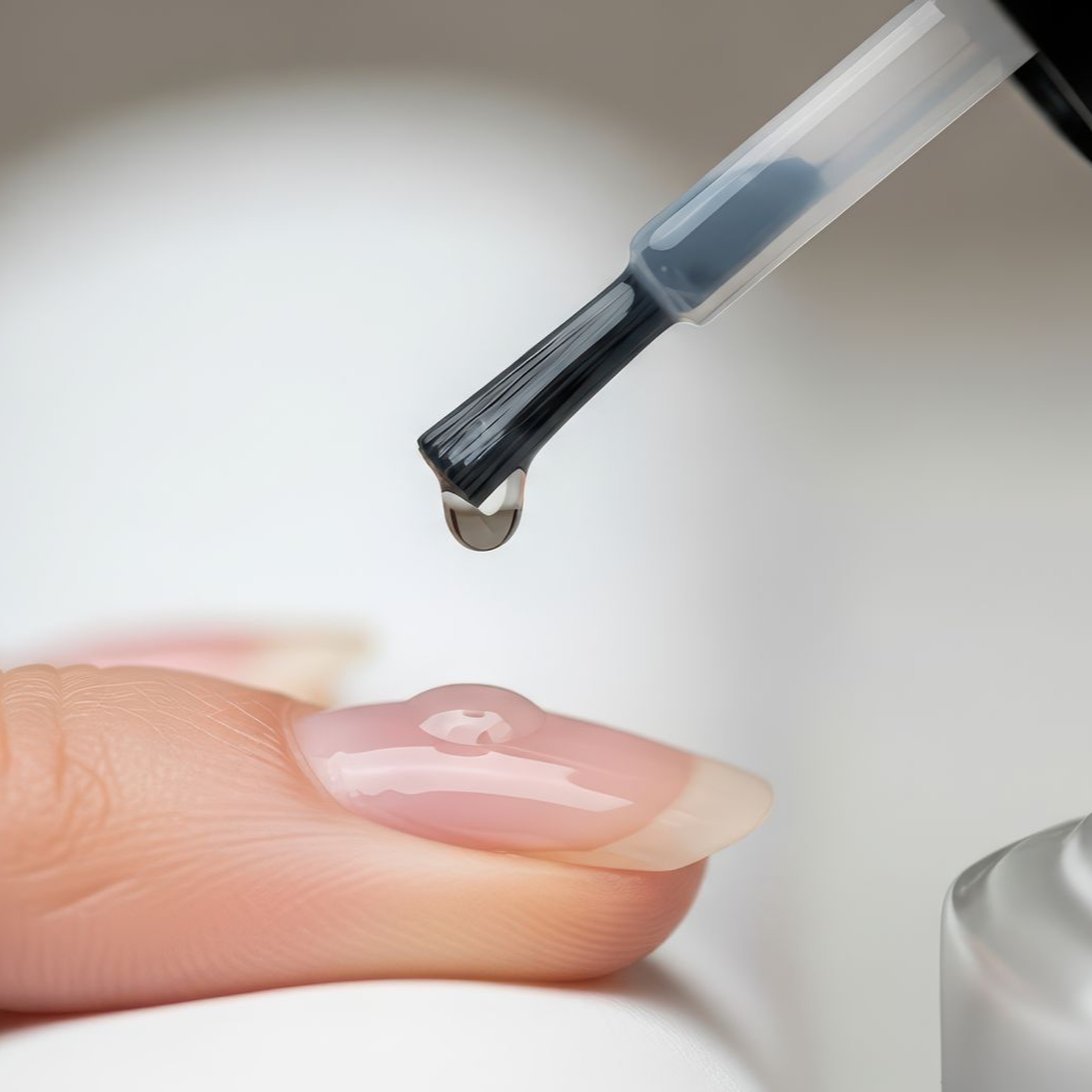 Gros plan : du vernis à ongles transparent coule sur un ongle. On aperçoit le pinceau, la main et le flacon.