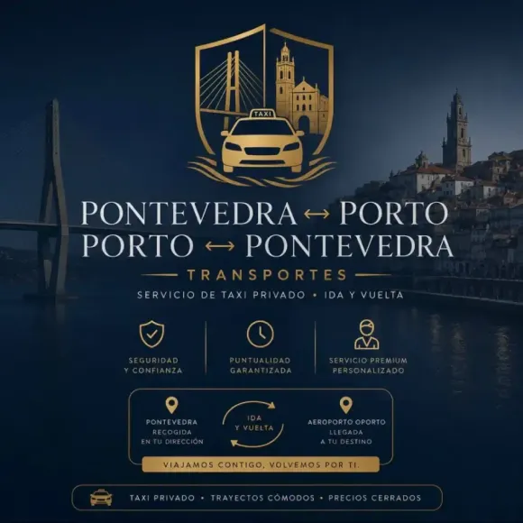 Anuncio de transporte en azul oscuro para Pontevedra–Porto y Porto–Pontevedra, con logotipo de coche y puente.