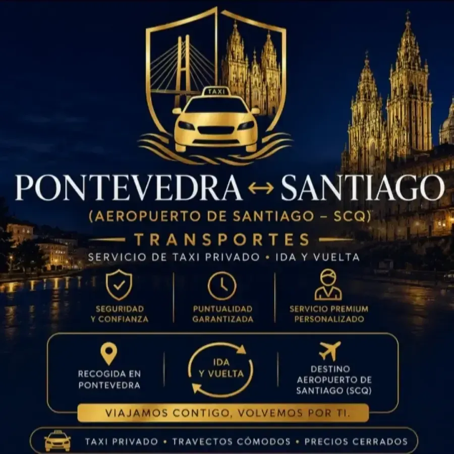 Anuncio de transporte en taxi entre Pontevedra y Santiago con un coche dorado y el horizonte de la ciudad