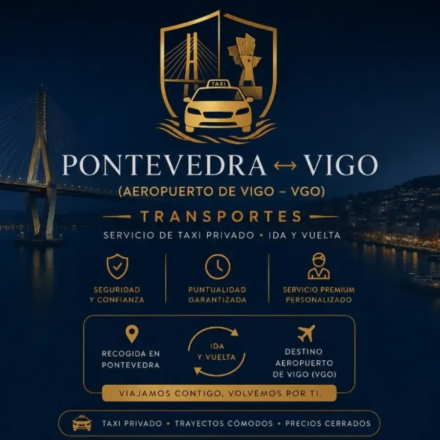 Anuncio de traslado en taxi de Pontevedra a Vigo en color dorado sobre fondo azul marino, con icono de puente y coche 