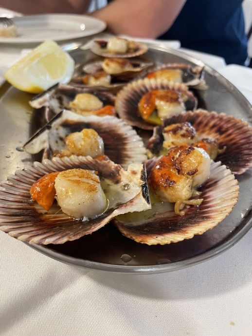 Plato de vieiras en su concha con rodajas de limón en la mesa de un restaurante.