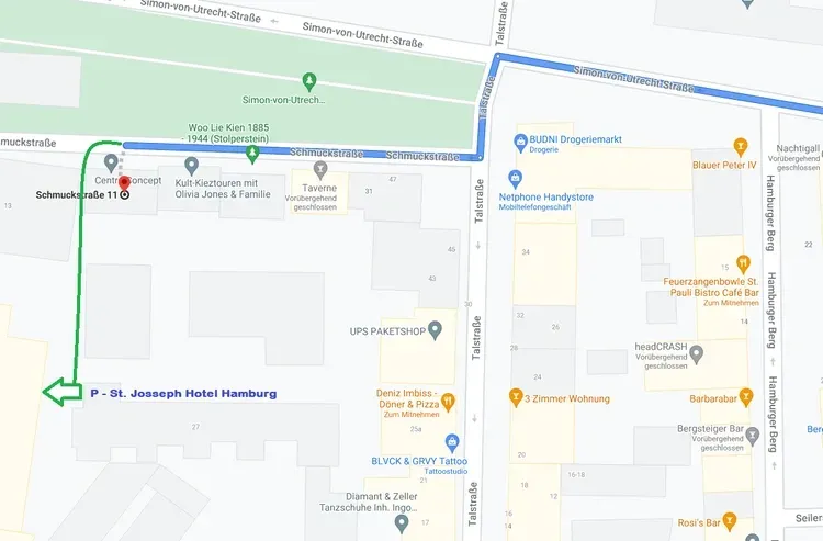 Karte mit einer Route vom St. Josephs Badehaus nach Norden. Der grüne Pfeil markiert den Weg.