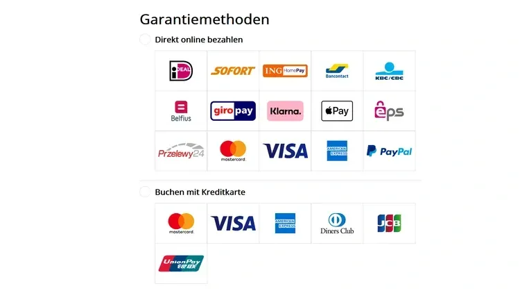Akzeptierte Zahlungsmethoden: Kredit-/Debitkarten, Online-Banking und digitale Geldbörsen.