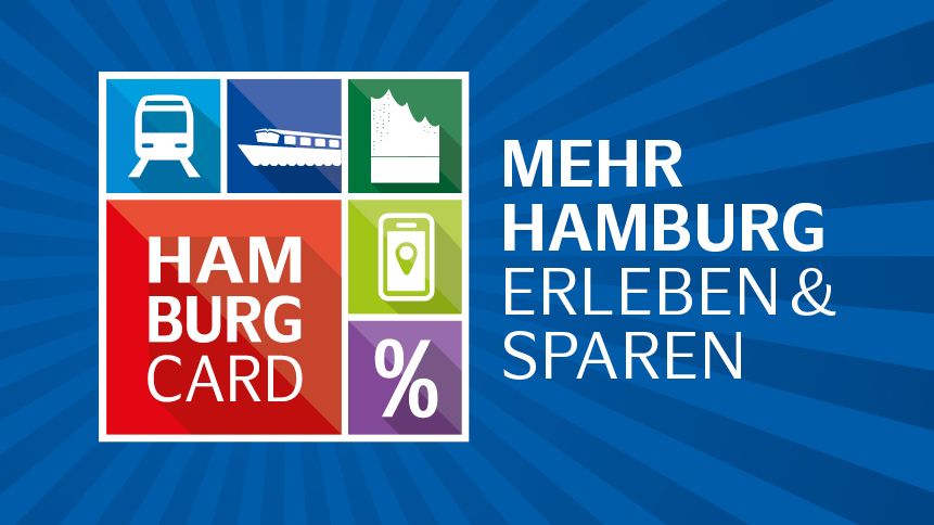 Hamburg Card Logo: farbenfrohe Symbole und Texte, die für Sparmöglichkeiten und Erlebnisse in Hamburg werben.