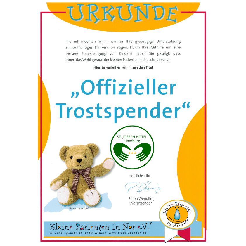 Zertifikat: „Offizieller Trostanbieter“ mit Teddybär, Logo und Unterschrift.