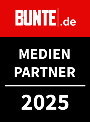 Logo für BUNTE.de, ein deutsches Medienunternehmen, mit der Aufschrift „Medienpartner 2025“ in Schwarz, Weiß und Rot.