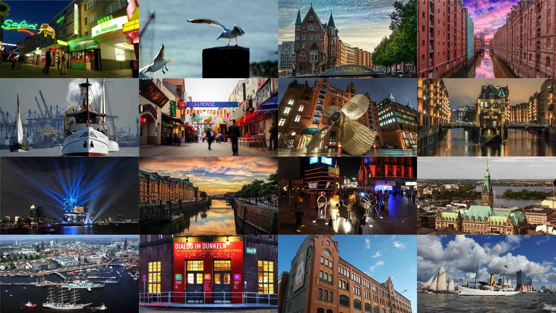Collage aus Hamburg, Deutschland: verschiedene Stadtszenen mit Kanälen, Gebäuden, Booten, Nachtlichtern und Möwen.