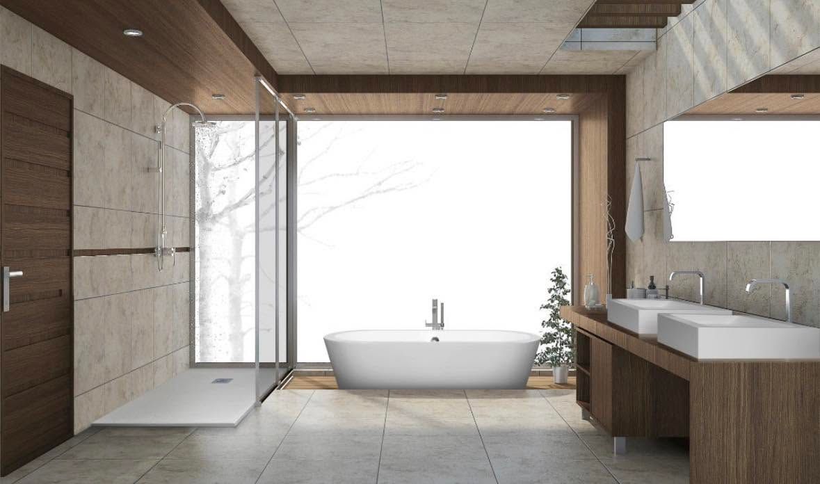 Baño moderno con bañera independiente, ducha de cristal, lavabo doble y grandes ventanales que van del suelo al techo.