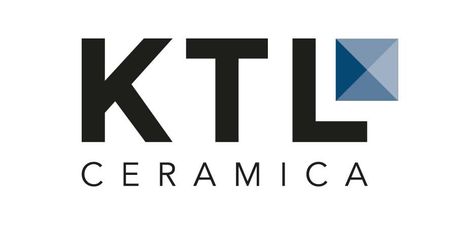 Logotipo de KTL Ceramica con letras negras y una marca cuadrada geométrica azul.