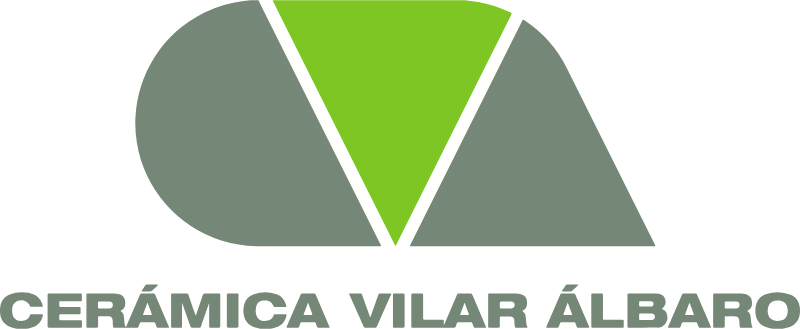 Logotipo de Cerámica Vilar Álbaro con forma de tejado estilizada en verde y gris.