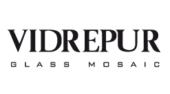 Logotipo de VIDREPUR con las palabras “GLASS MOSAIC” en negro sobre fondo blanco.
