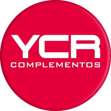 Logotipo circular rojo de YCB Complementos con letras blancas.