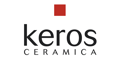 Logotipo de Keros Ceramica con un cuadrado rojo sobre texto negro sobre fondo blanco.