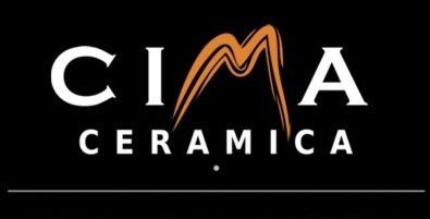 Logotipo de CIMA CERAMICA en blanco y naranja sobre fondo negro.