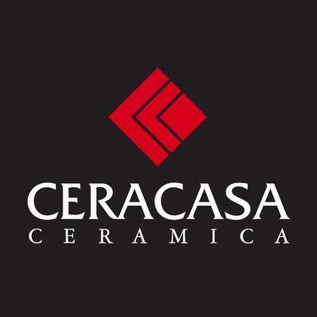 Logotipo de Ceracasa Cerámica: icono geométrico rojo sobre texto blanco sobre fondo negro.