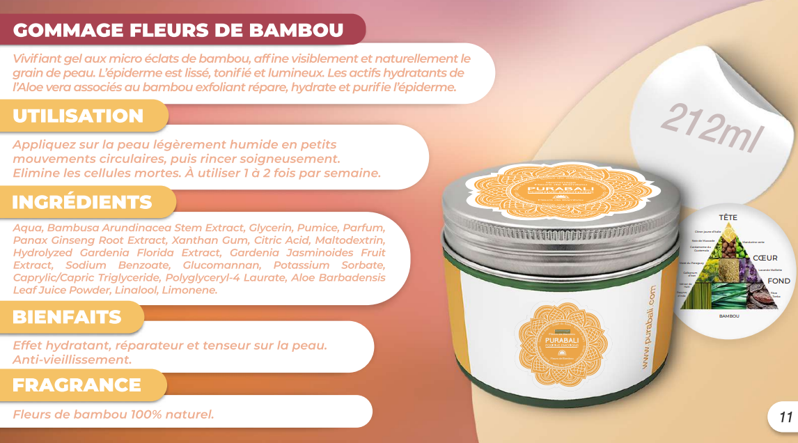 Pot de gommage aux fleurs de bambou avec les informations produit sur le côté gauche et une étiquette 212 ml sur le côté droit.