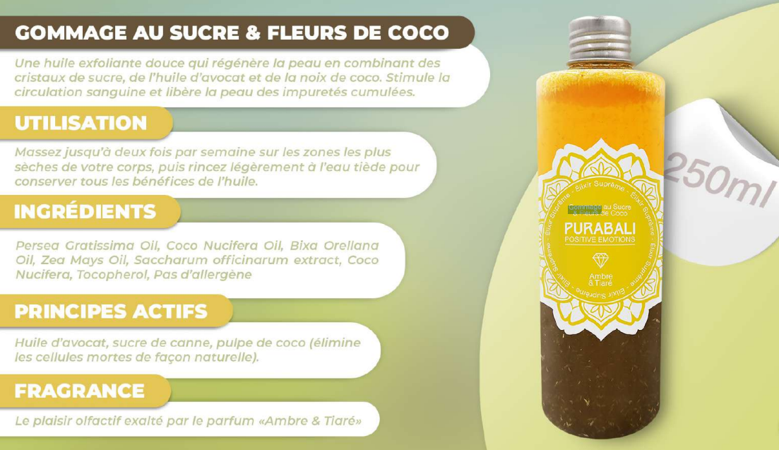 Flacon de gommage corporel au sucre et à la fleur de coco avec texte informatif.