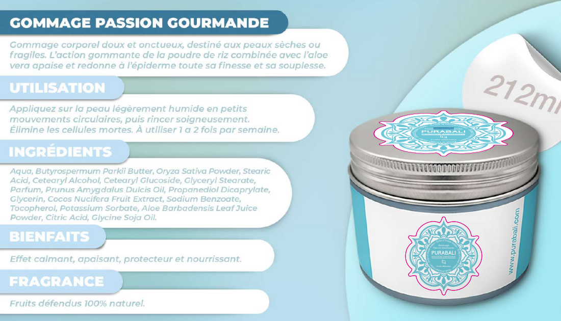 Photo du produit : pot de gommage Gommage Passion Gourmande avec étiquette bleue et argentée et description textuelle sur le côté.