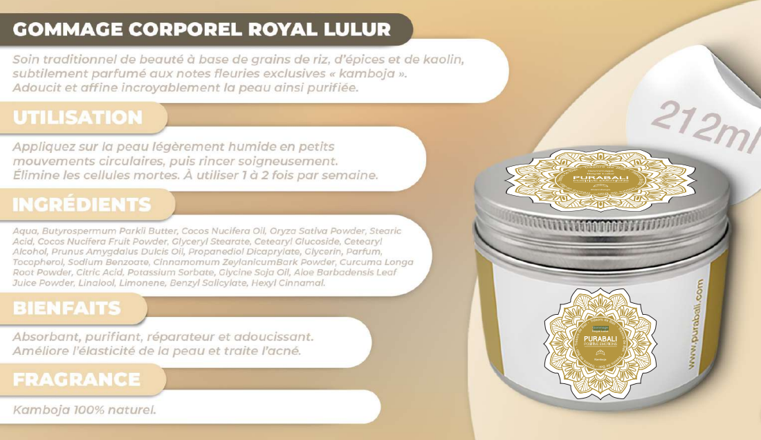 Pot de gommage corporel Royal Lulur avec informations produit sur fond doré.