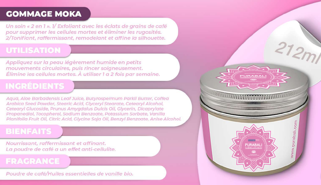 Pot de gommage Moka avec informations produit sur fond rose.