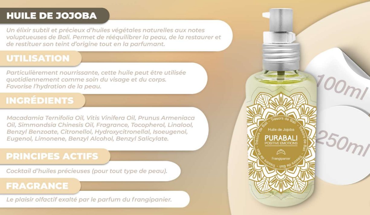 Bouteille d'huile de jojoba avec texte informatif sur fond beige.