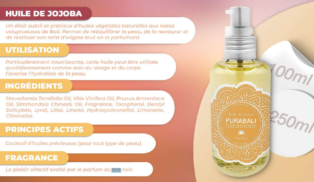 Huile de jojoba en flacon avec étiquettes informatives et tableau comparatif des tailles. Fond clair, étiquette dorée, pompe blanche.
