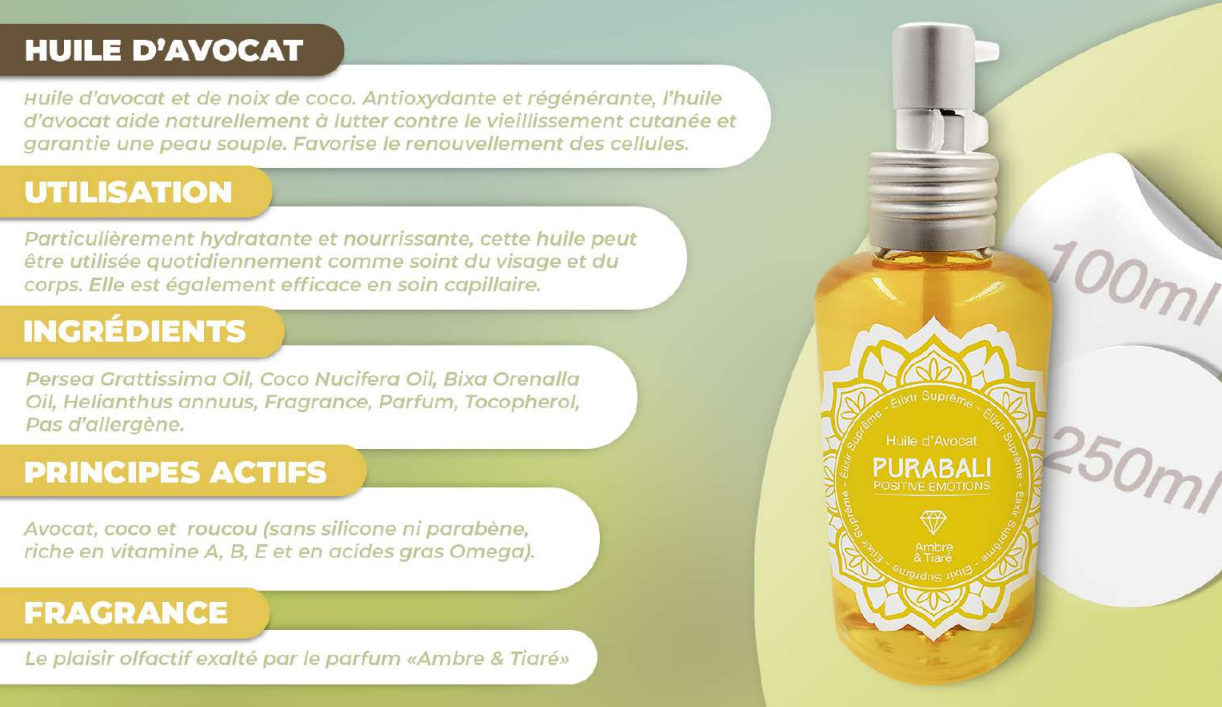 Huile d'avocat avec étiquette et informations, bouteille avec pompe, devant une infographie.