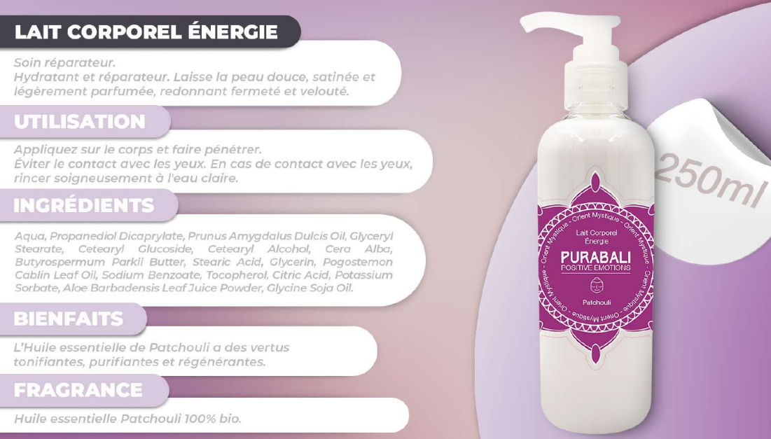Flacon de lotion pour le corps avec les informations produit sur fond violet.