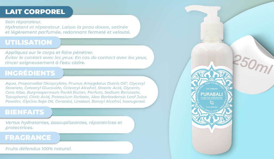 Un flacon de lotion bleu clair à côté d'un texte décrivant le produit, avec une étiquette indiquant 250 ml dans un coin.