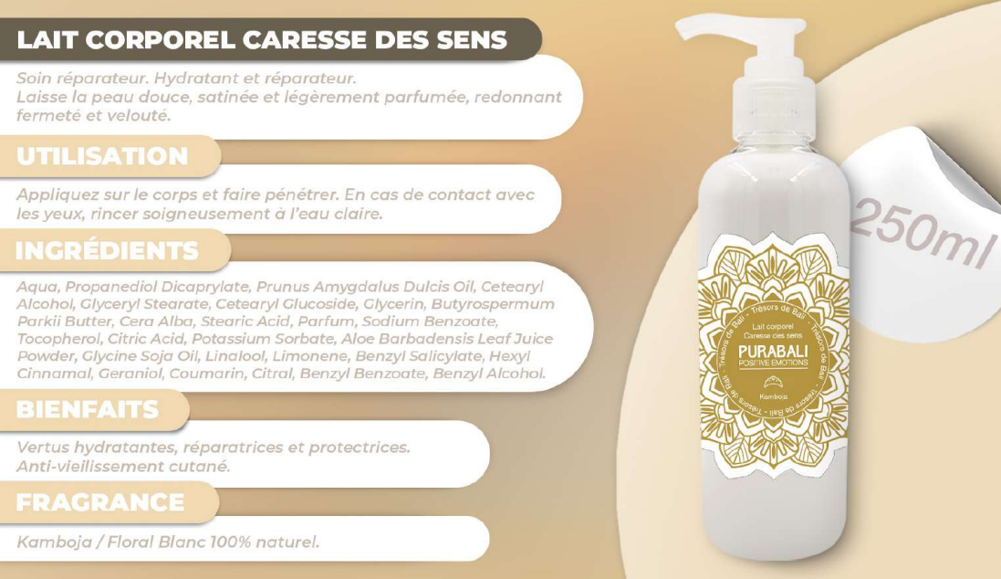 Flacon de lotion pour le corps, LAIT CORPOREL CARESSE DES SENS, avec étiquettes. Flacon blanc avec étiquette dorée et pompe.