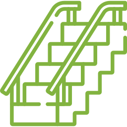 Un dibujo de línea verde de un conjunto de escaleras con barandilla.