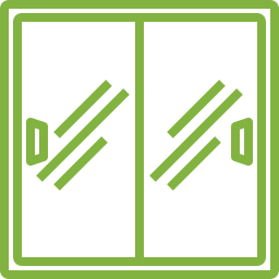 Un icono verde de una puerta corrediza de vidrio con dos manijas.