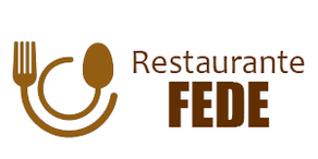 Logotipo del Restaurante FEDE con tenedor marr&oacute;n, cuchara e icono de arco sonriente