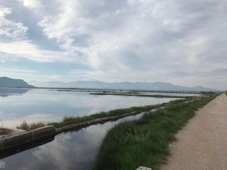 Paisaje tranquilo a orillas del lago, con nubes, montañas a lo lejos y un sendero de grava junto a terraplenes cubiertos de hierba.