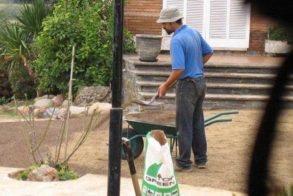 Un hombre con una camisa azul está trabajando en un jardín.