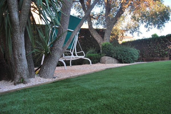 Un patio trasero con un columpio y árboles y un exuberante césped verde.