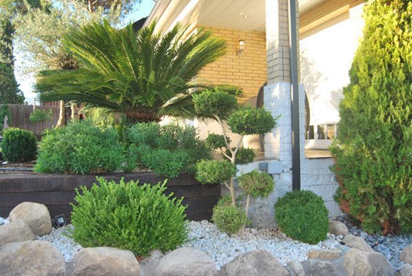 Una casa con muchas plantas y rocas al frente.