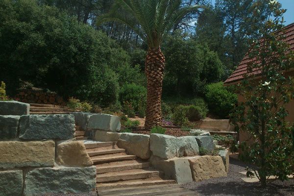 Un muro de piedra con escaleras que conducen a una casa con una palmera al fondo.