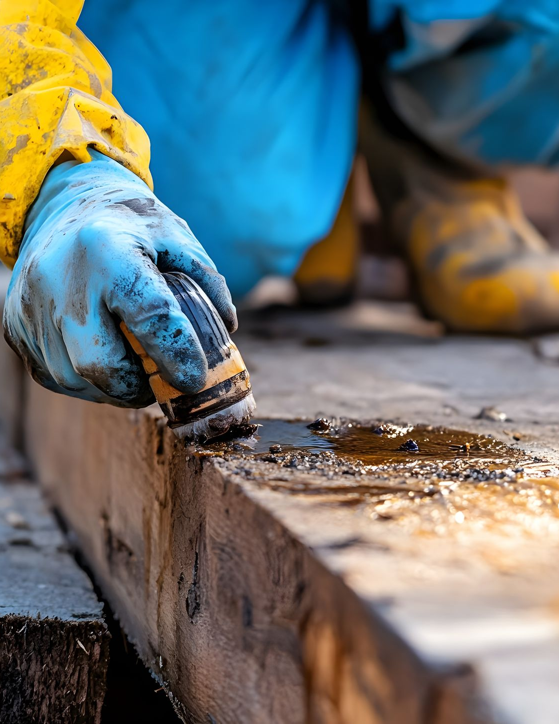 Expert appliquant un traitement antitermites sur une structure en bois