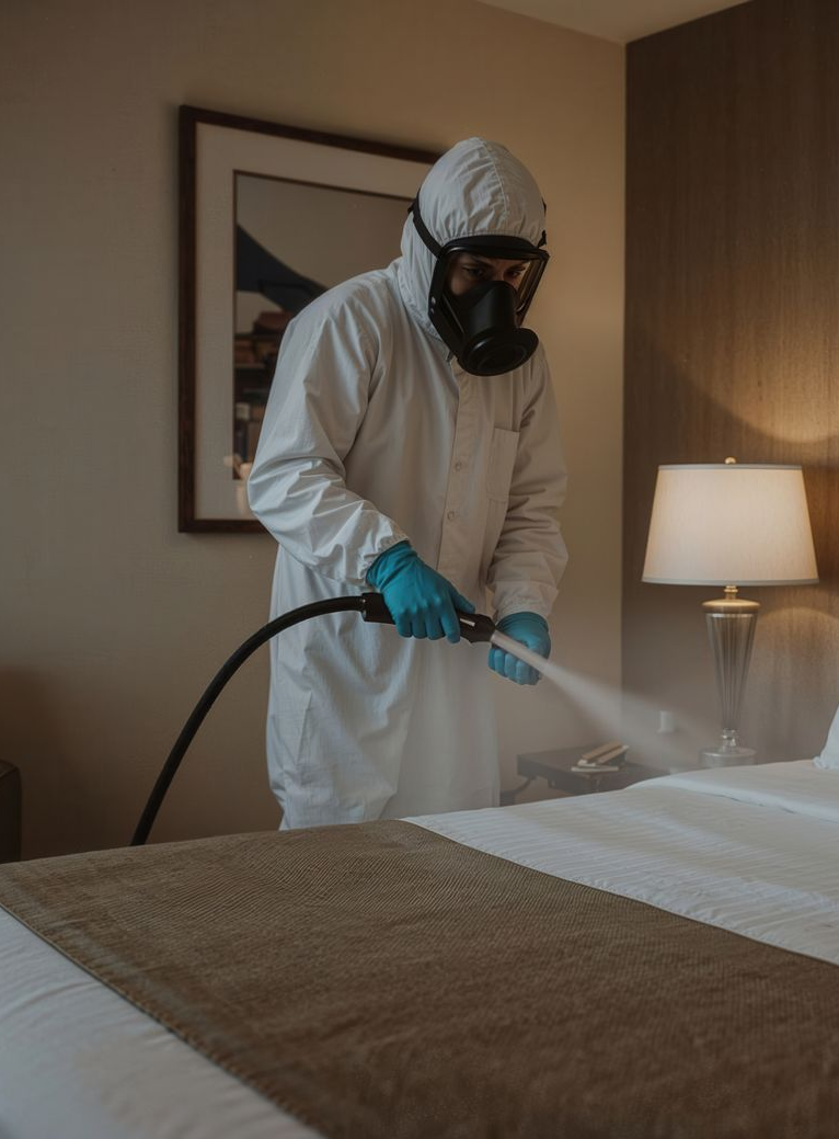 Professionnel de la lutte antiparasitaire pulvérise du désinfectant sur un lit