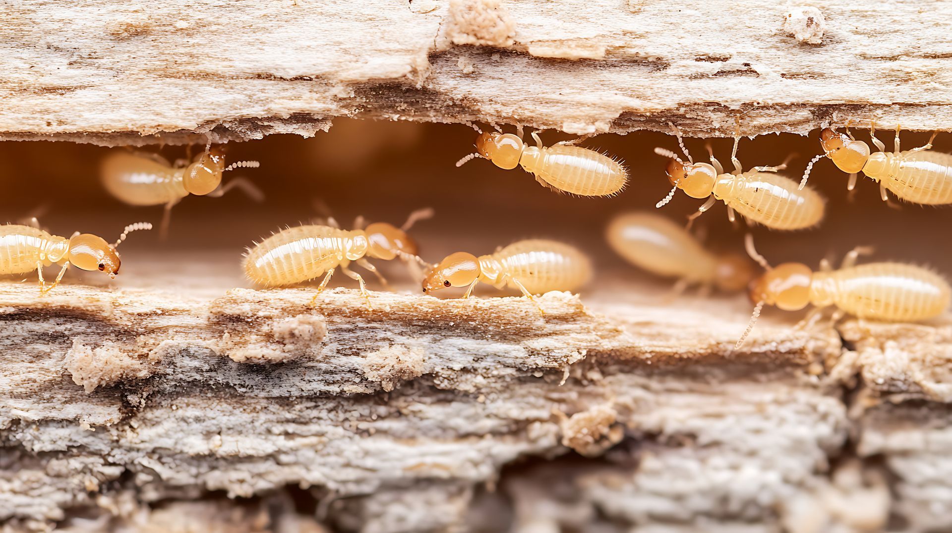 Les termites se nourrissant de bois en gros plan