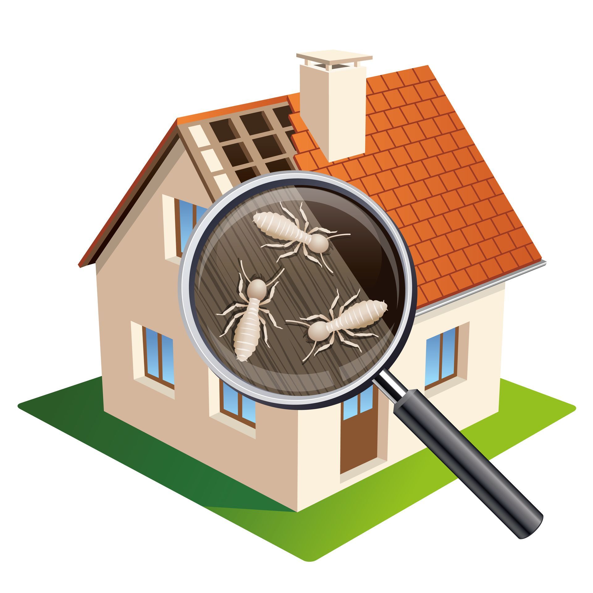 Illustration d'une loupe grossissant les termites dans la charpente d'une maison