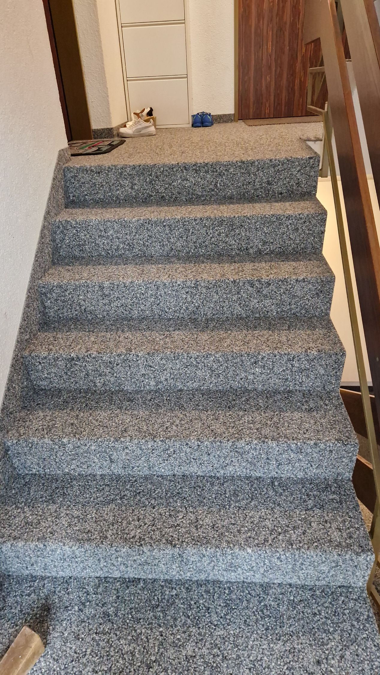 Eine Treppe mit Teppichboden und Holzgeländer.