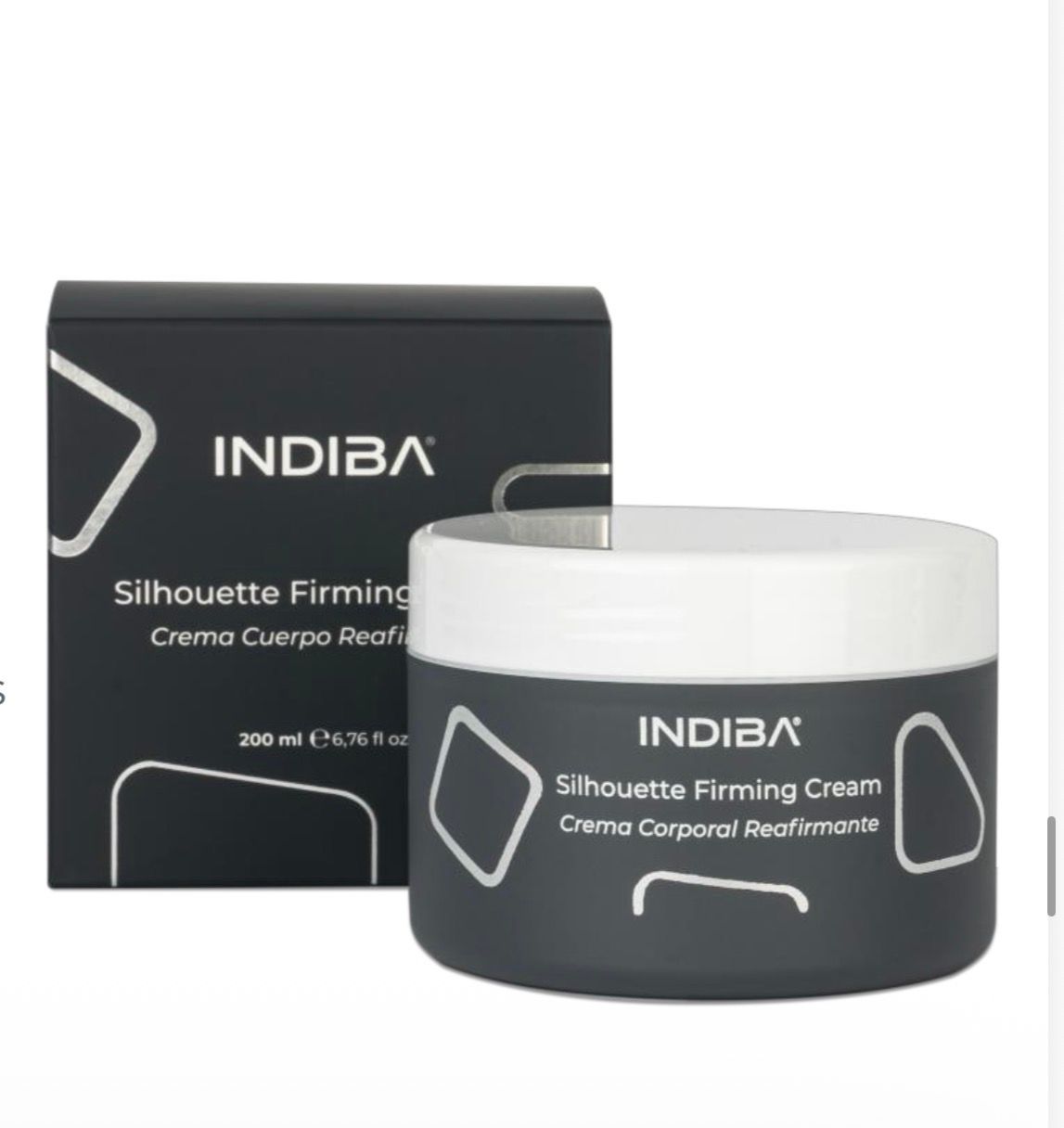 Crema Reafirmante Silueta INDIBIA, frasco y caja de color negro con texto y detalles en color blanco.