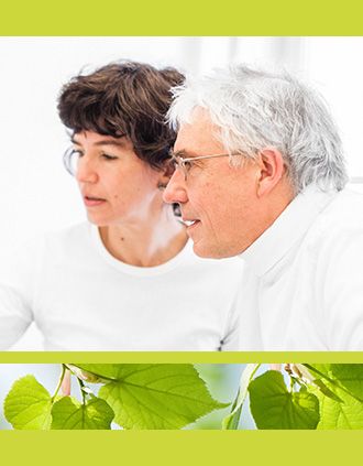 Zwei Personen in weißen Hemden schauen gemeinsam auf einen Bildschirm, umrahmt von grünen Bannern mit Blattmotiven.